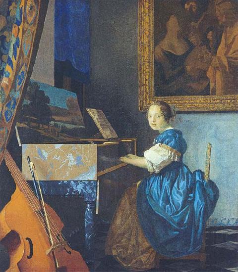 Johannes Vermeer A Young Woman Seated at the Virginal with a painting of Dirck van Baburen in the background china oil painting image